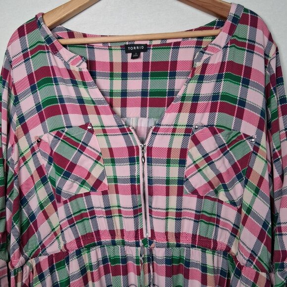 Torrid Dress Size 3 Plus Size 3X Pink Green Blue Pliad Roll Sleeve Midi Zip - Picture 13 of 16